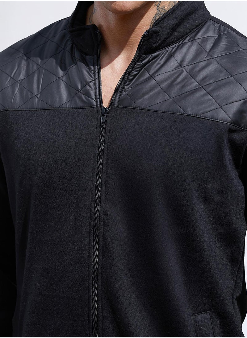 Men's Black Zip-Front Jacket With Quilted Detail