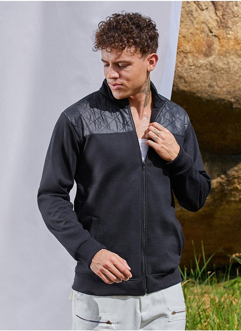 Men's Black Zip-Front Jacket With Quilted Detail