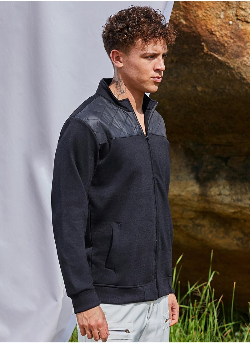 Men's Black Zip-Front Jacket With Quilted Detail