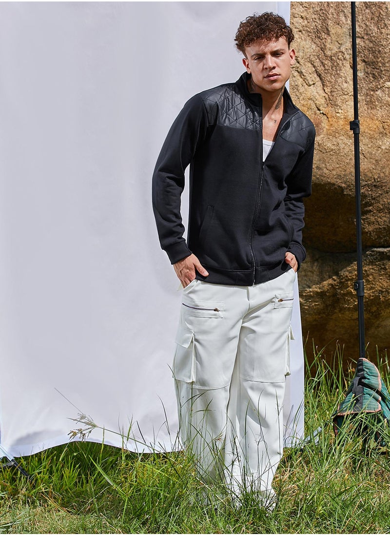 Men's Black Zip-Front Jacket With Quilted Detail