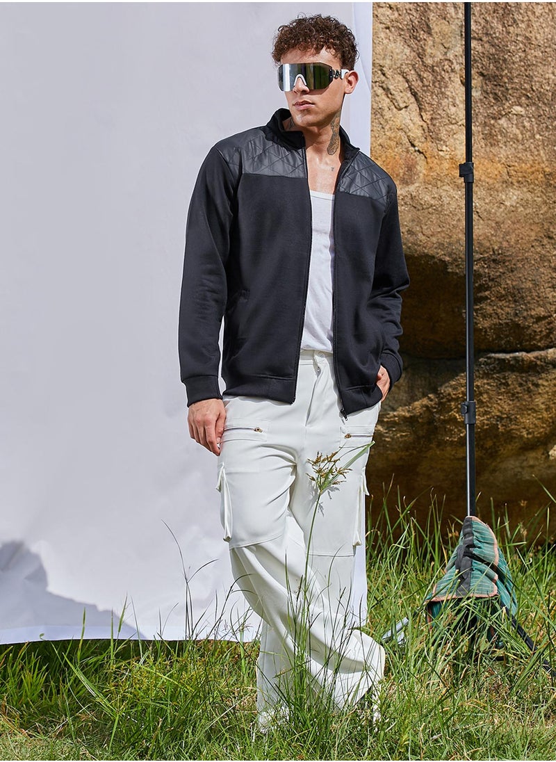 Men's Black Zip-Front Jacket With Quilted Detail