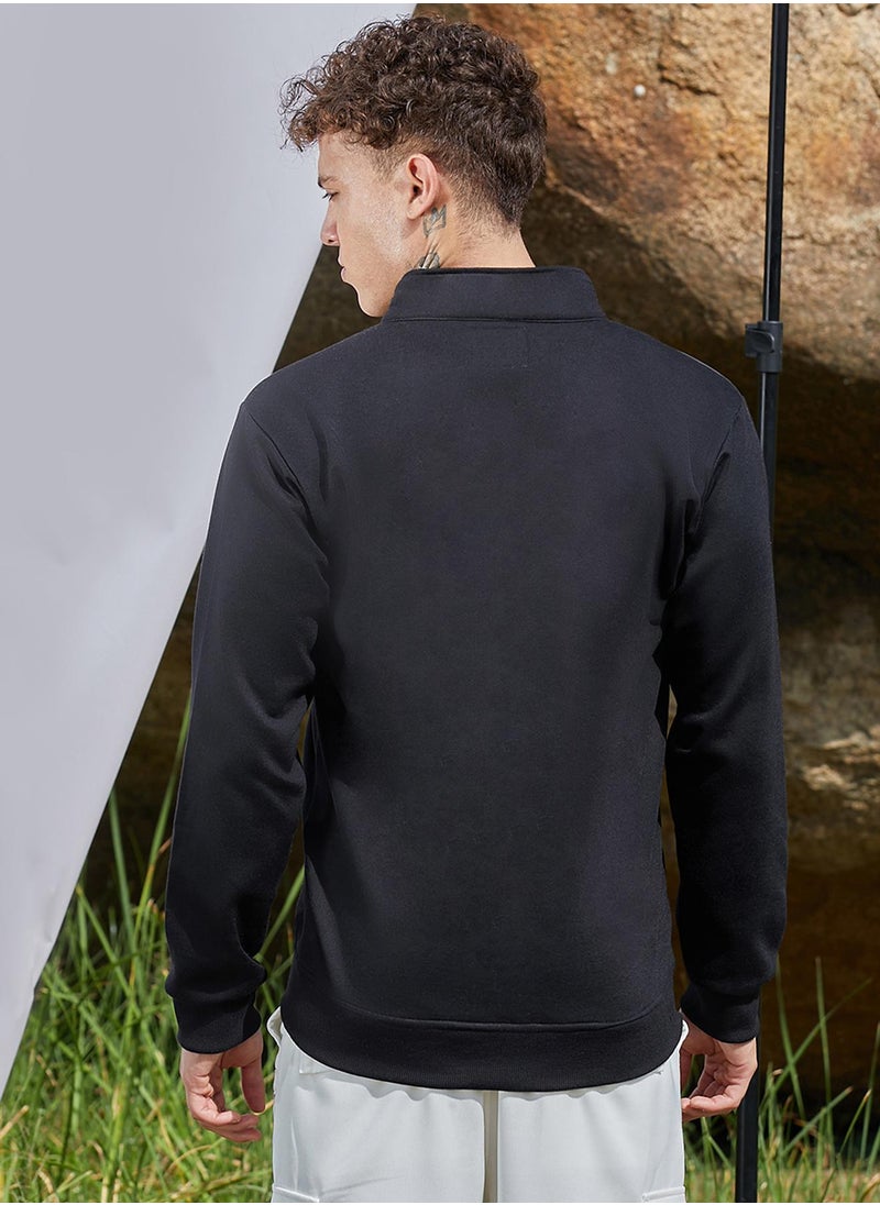 Men's Black Zip-Front Jacket With Quilted Detail