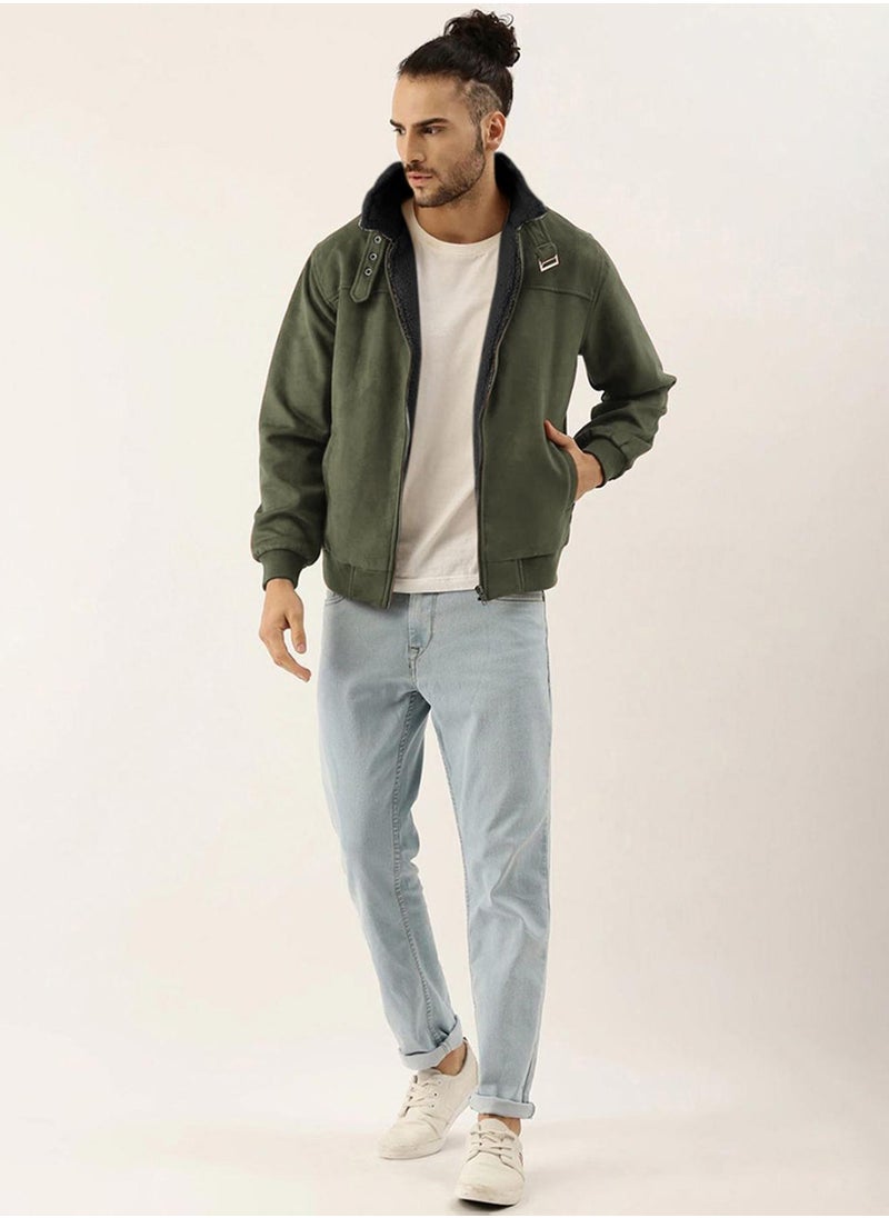 Men's Army Green Fur-Lined Suede Bomber Jacket