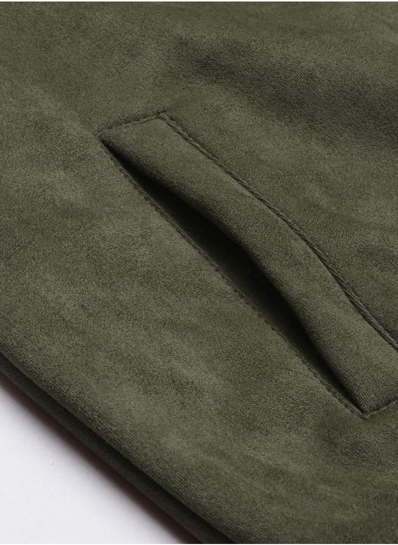 Men's Army Green Fur-Lined Suede Bomber Jacket