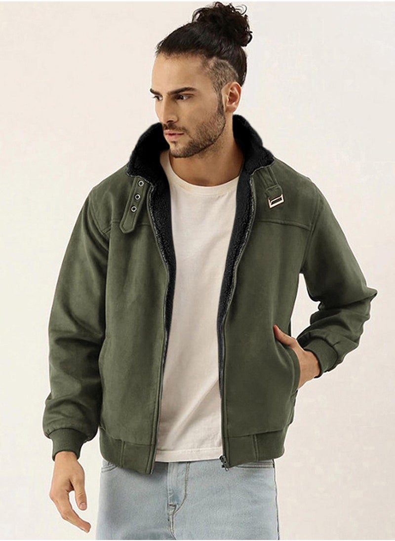 Men's Army Green Fur-Lined Suede Bomber Jacket