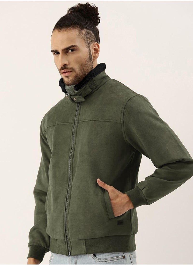 Men's Army Green Fur-Lined Suede Bomber Jacket