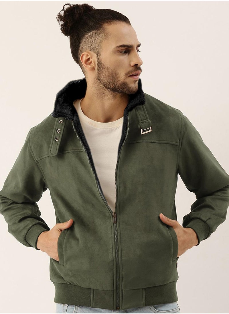 Men's Army Green Fur-Lined Suede Bomber Jacket