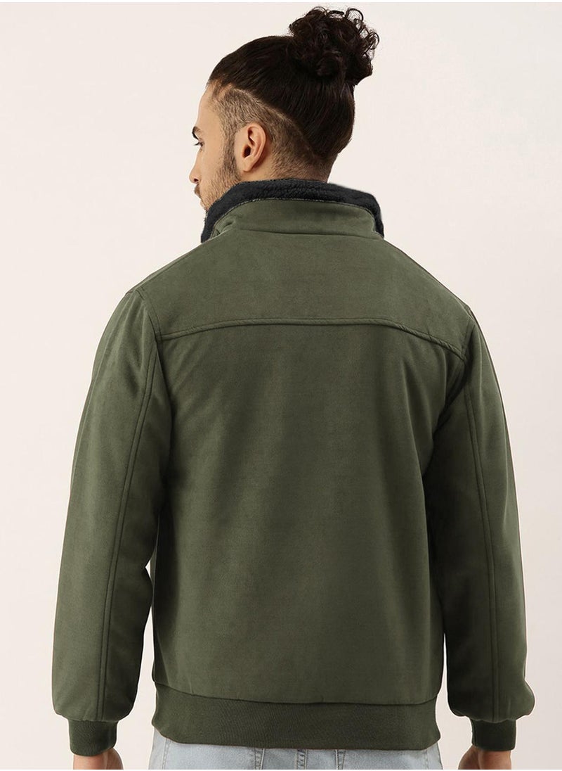 Men's Army Green Fur-Lined Suede Bomber Jacket