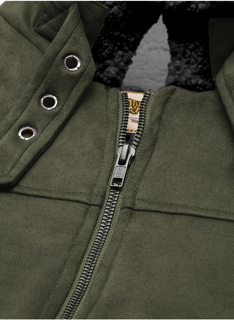 Men's Army Green Fur-Lined Suede Bomber Jacket