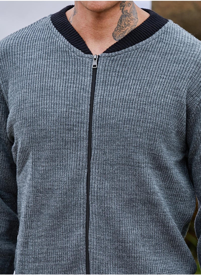 Men's Dark Grey Zip-Front Knitted Jacket