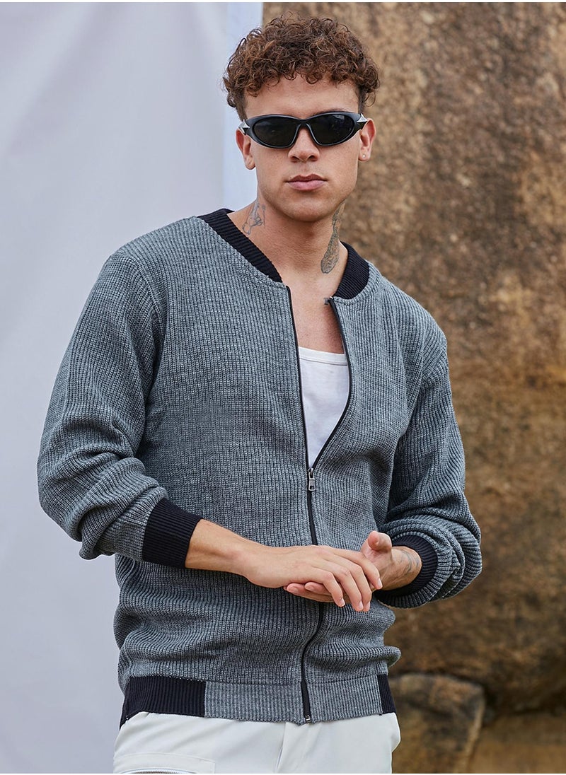 Men's Dark Grey Zip-Front Knitted Jacket