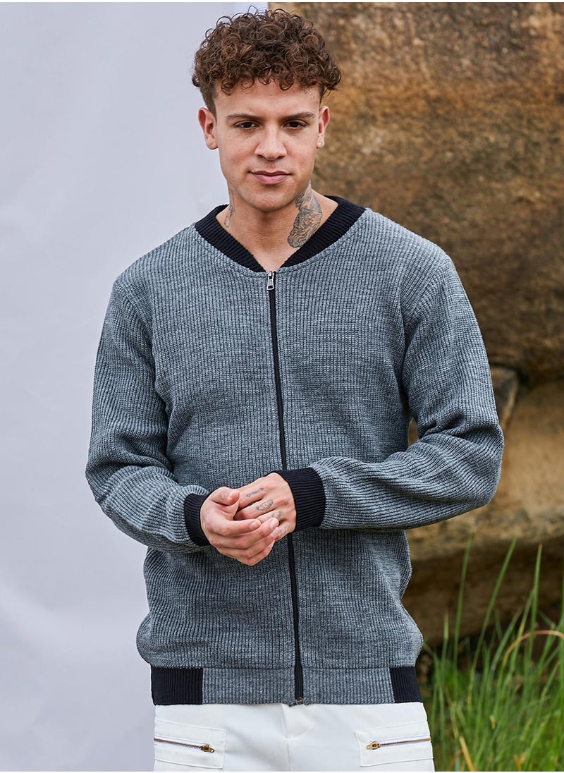 Men's Dark Grey Zip-Front Knitted Jacket