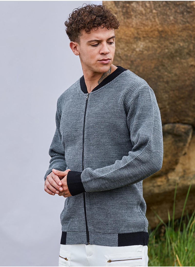 Men's Dark Grey Zip-Front Knitted Jacket