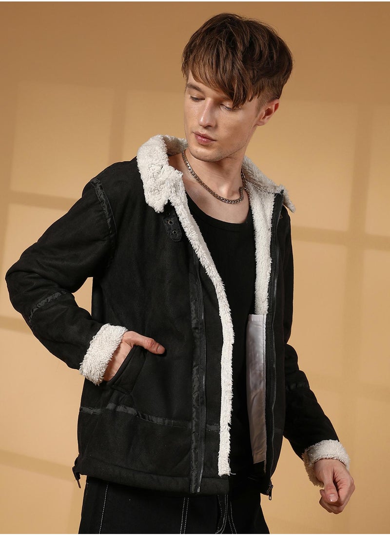 Men's Carbon Black & Chalk White Fleece Lined Biker Jacket