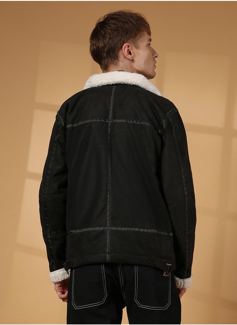 Men's Carbon Black & Chalk White Fleece Lined Biker Jacket