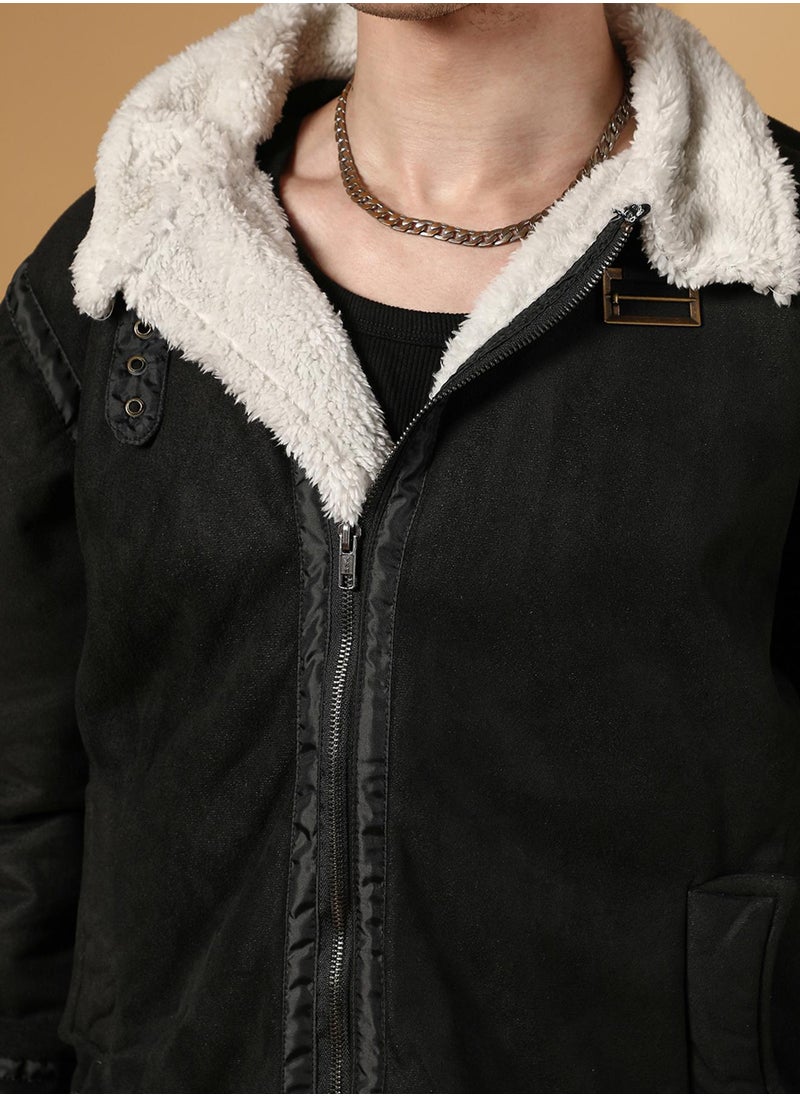 Men's Carbon Black & Chalk White Fleece Lined Biker Jacket