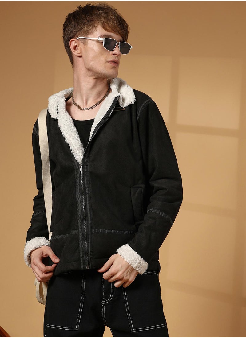 Men's Carbon Black & Chalk White Fleece Lined Biker Jacket