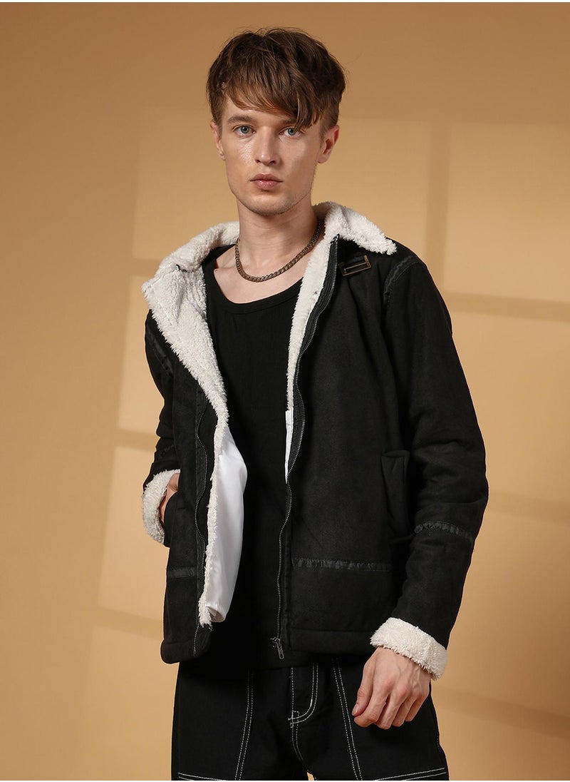 Men's Carbon Black & Chalk White Fleece Lined Biker Jacket