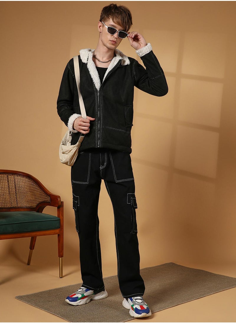Men's Carbon Black & Chalk White Fleece Lined Biker Jacket