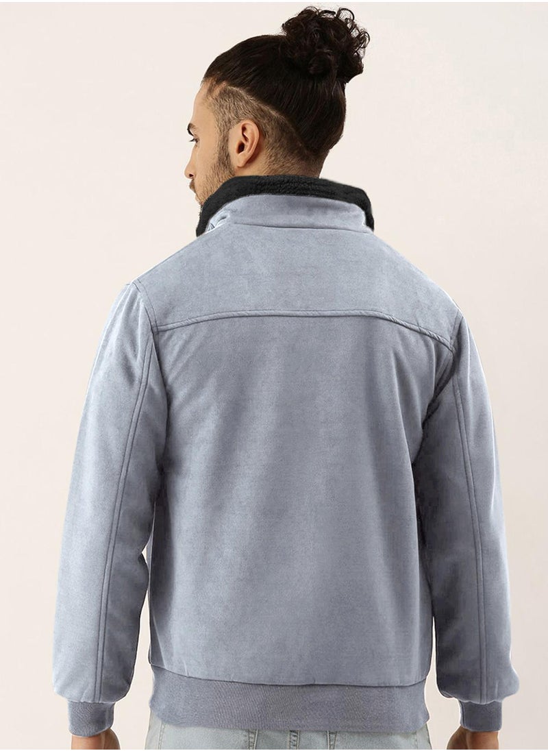 Men's Grey Zip-Front Jacket With Fleece Detail
