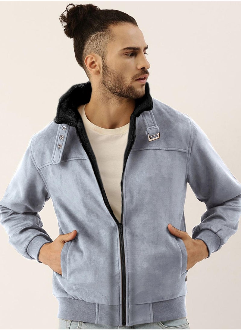 Men's Grey Zip-Front Jacket With Fleece Detail