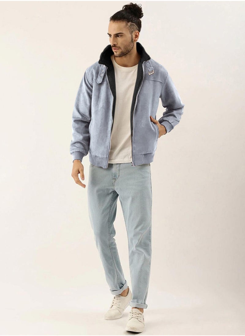 Men's Grey Zip-Front Jacket With Fleece Detail