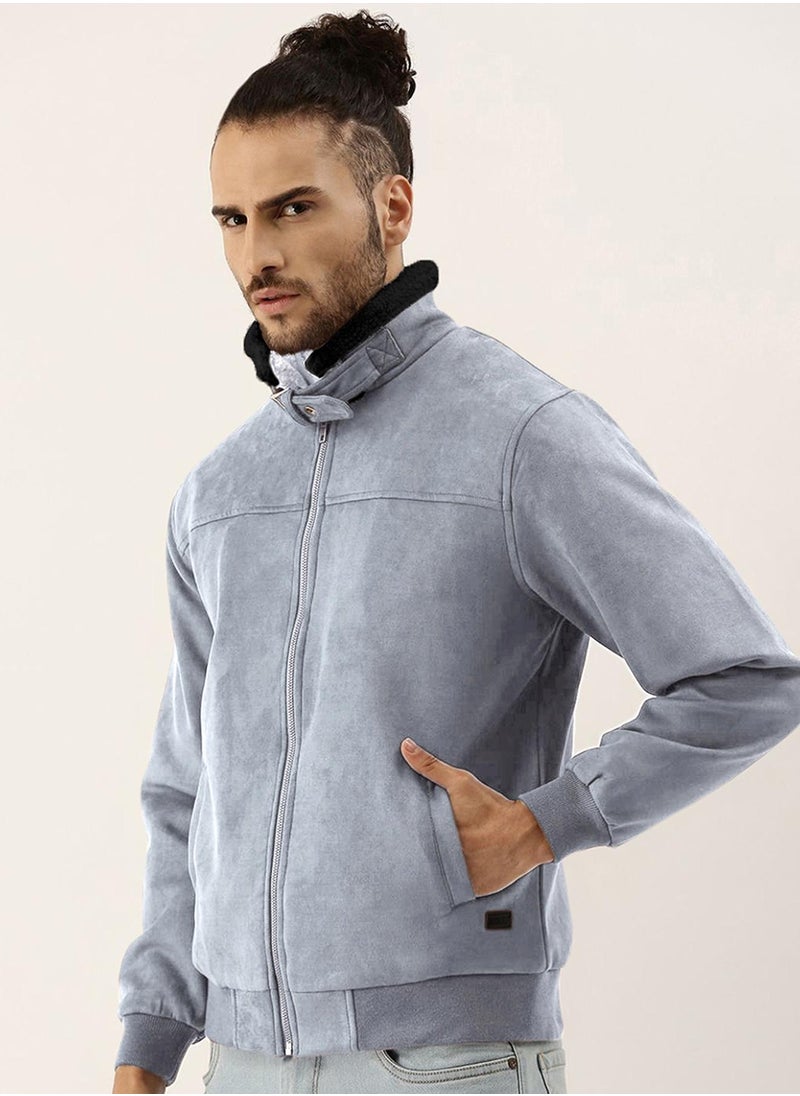 Men's Grey Zip-Front Jacket With Fleece Detail