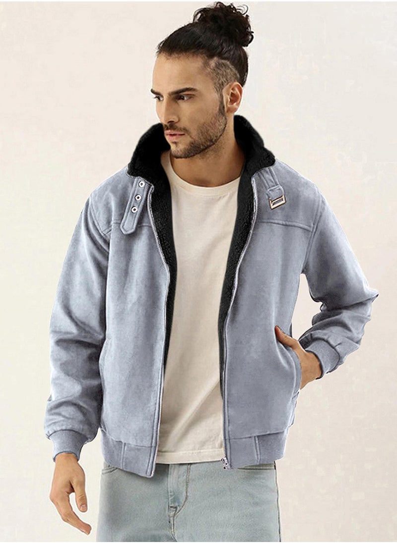 Men's Grey Zip-Front Jacket With Fleece Detail