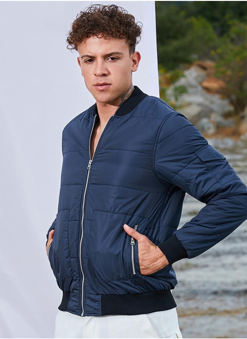 Men's Blue Puffer Jacket With Contrast Hem