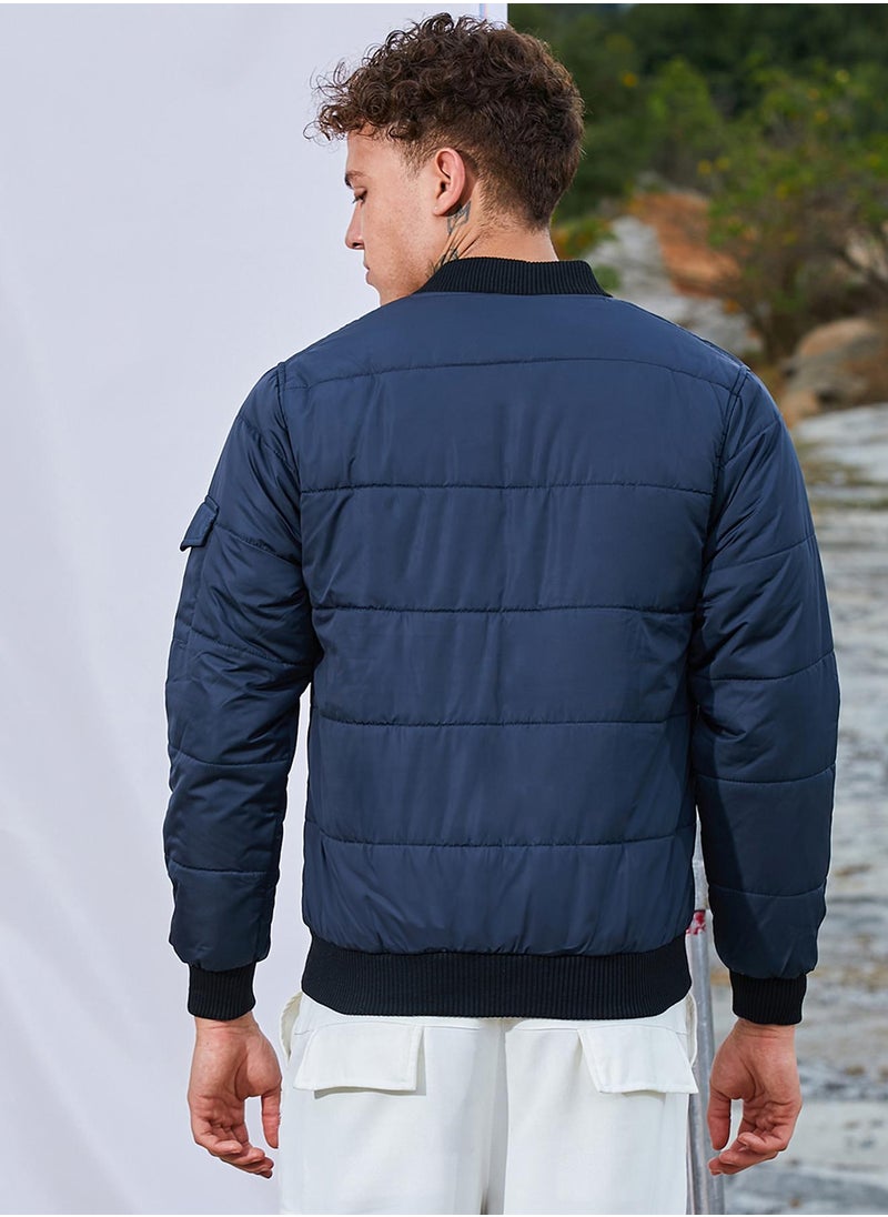 Men's Blue Puffer Jacket With Contrast Hem