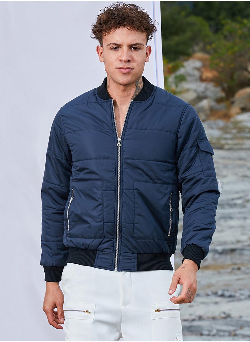Men's Blue Puffer Jacket With Contrast Hem