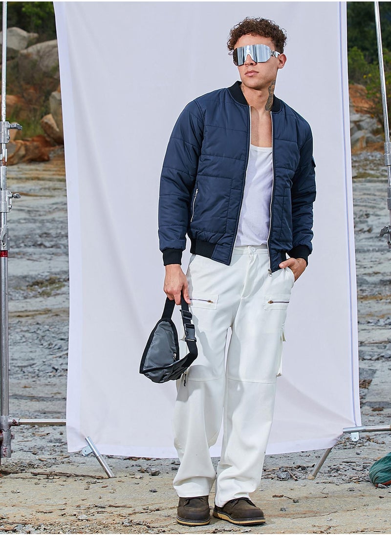 Men's Blue Puffer Jacket With Contrast Hem