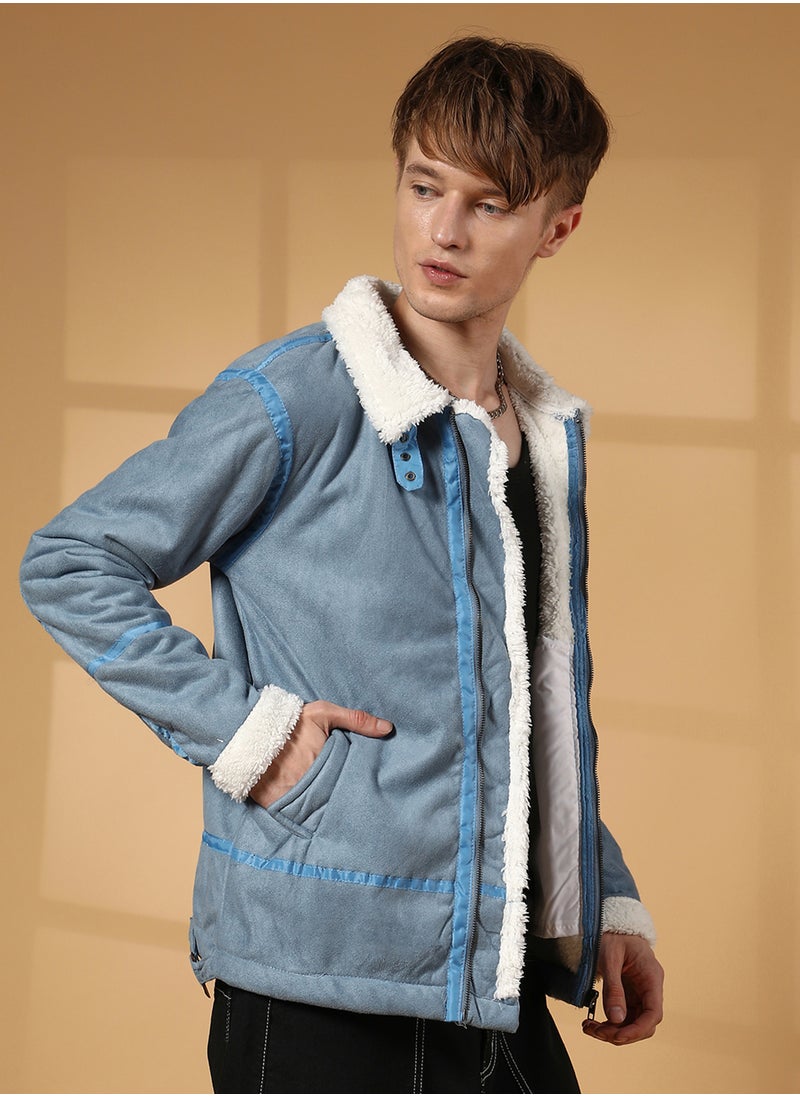 Men's Icy Blue & Chalk White Fleece Lined Biker Jacket