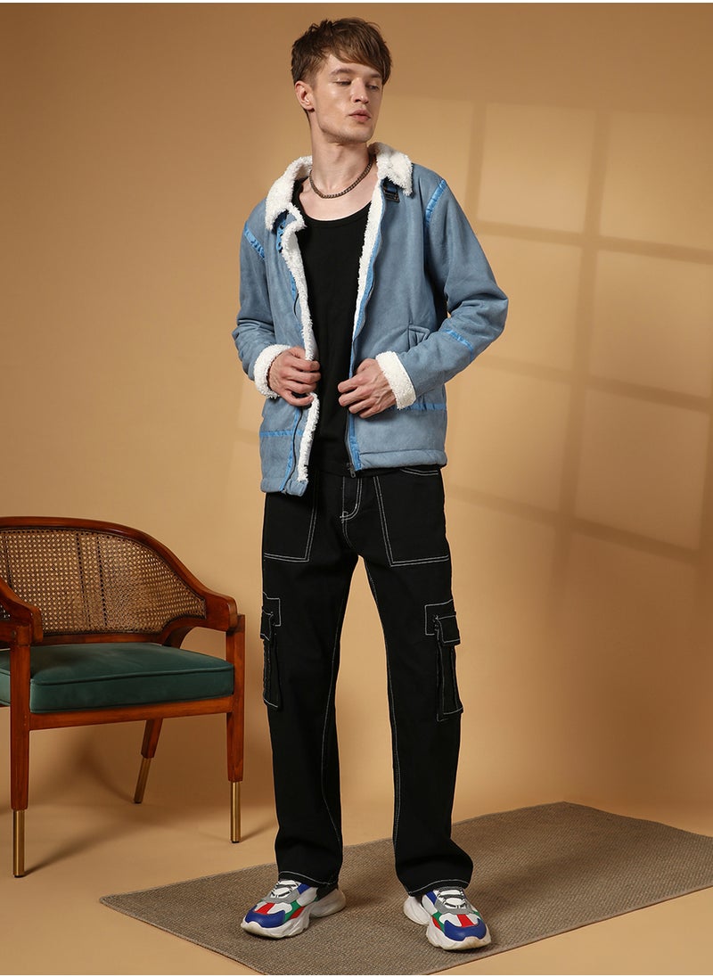 Men's Icy Blue & Chalk White Fleece Lined Biker Jacket