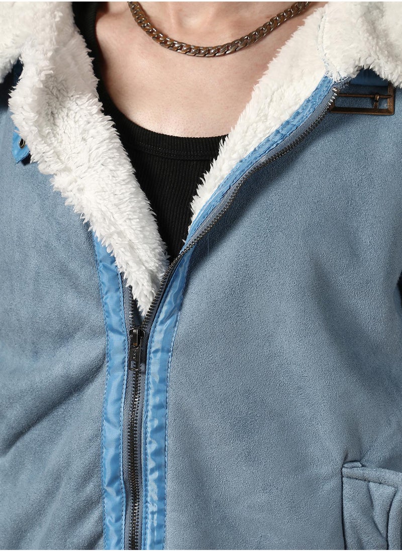 Men's Icy Blue & Chalk White Fleece Lined Biker Jacket