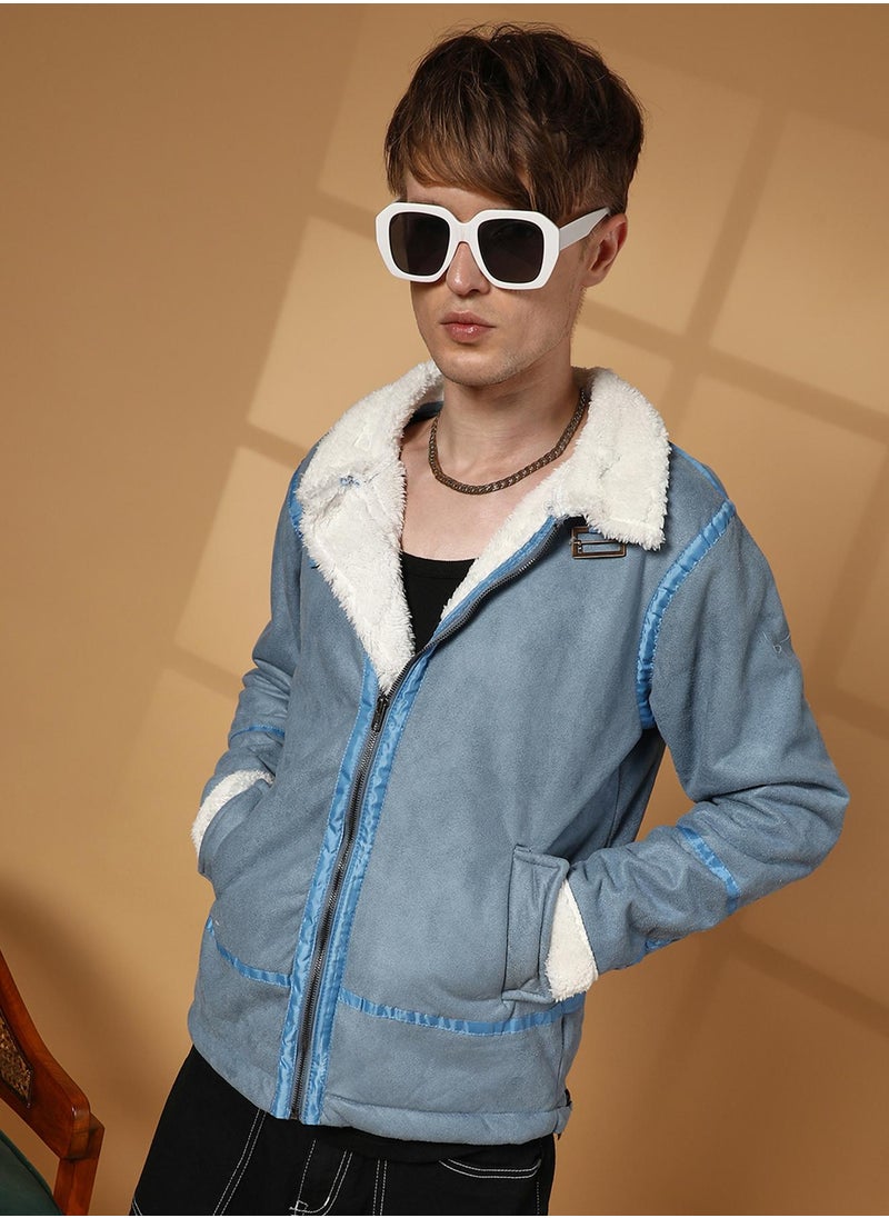 Men's Icy Blue & Chalk White Fleece Lined Biker Jacket