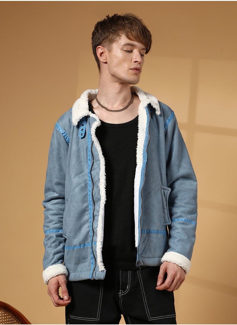 Men's Icy Blue & Chalk White Fleece Lined Biker Jacket