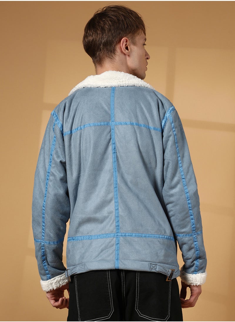 Men's Icy Blue & Chalk White Fleece Lined Biker Jacket