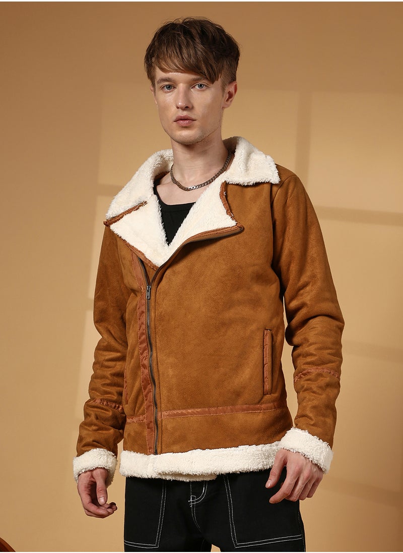 Men's Tawny Brown Contrast-Fleece Suede Biker Jacket