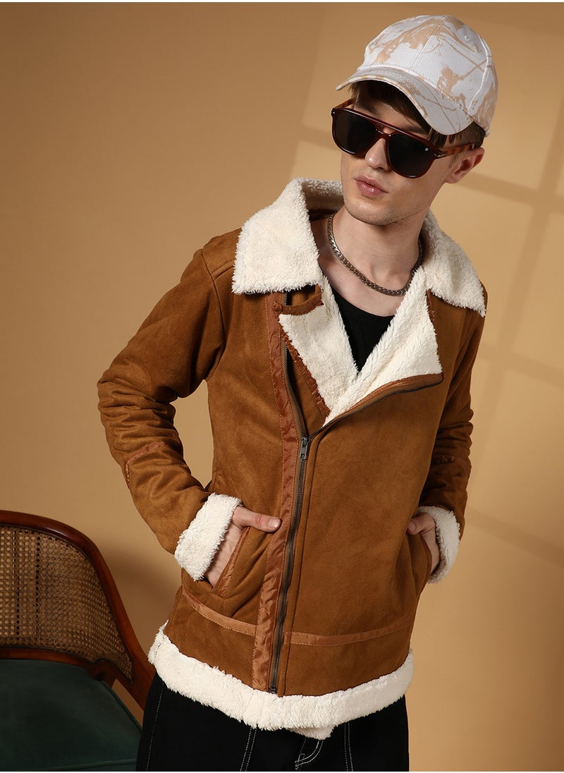 Men's Tawny Brown Contrast-Fleece Suede Biker Jacket
