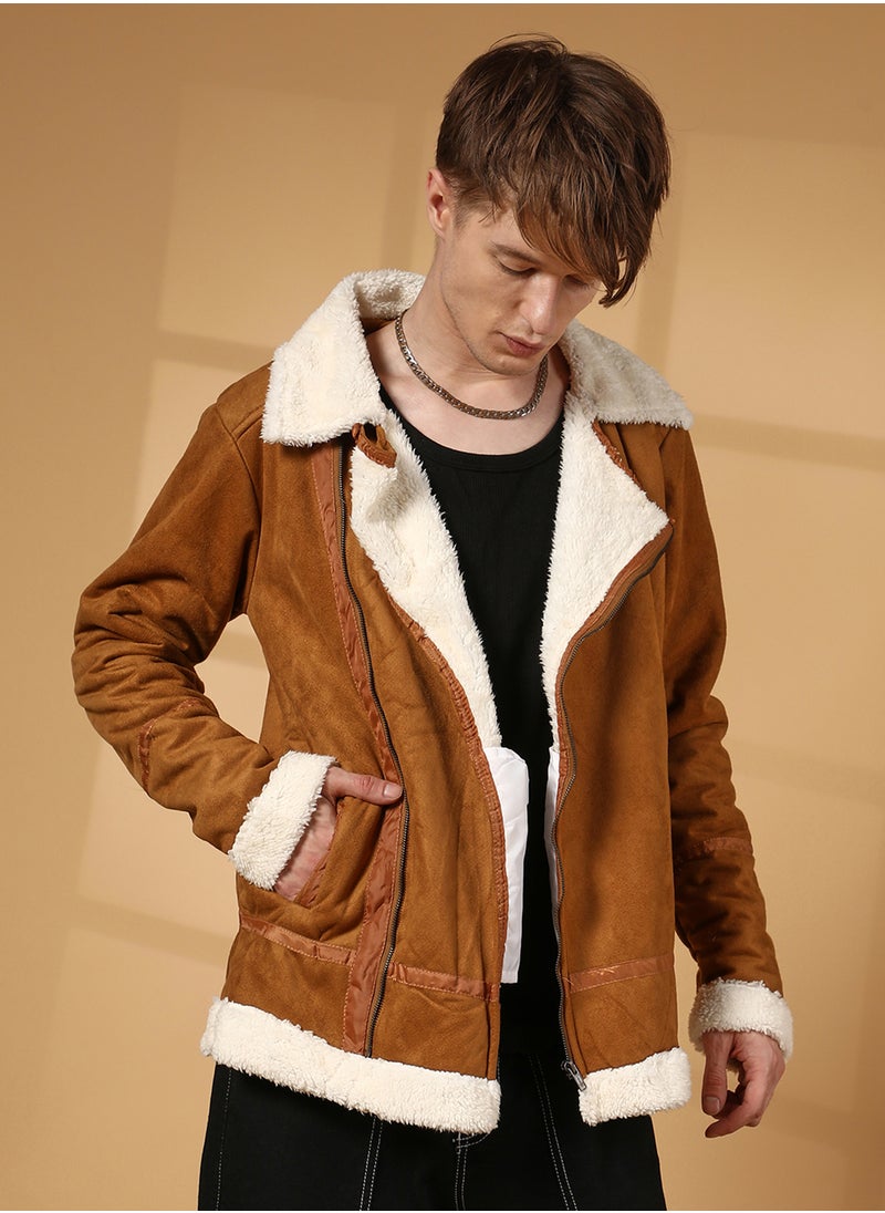 Men's Tawny Brown Contrast-Fleece Suede Biker Jacket
