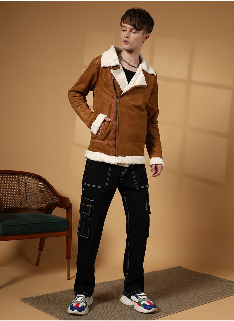 Men's Tawny Brown Contrast-Fleece Suede Biker Jacket