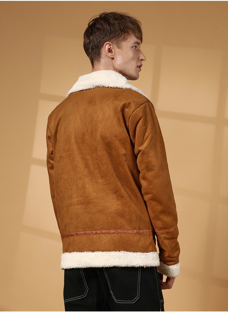Men's Tawny Brown Contrast-Fleece Suede Biker Jacket