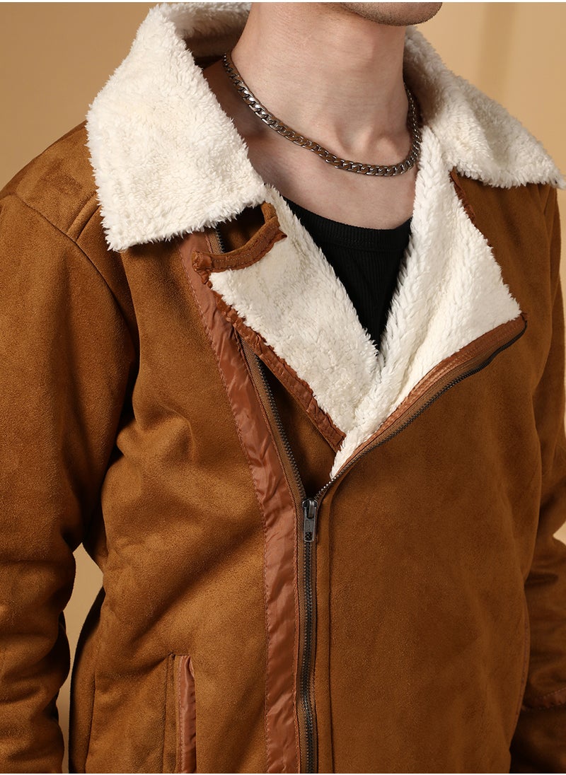 Men's Tawny Brown Contrast-Fleece Suede Biker Jacket