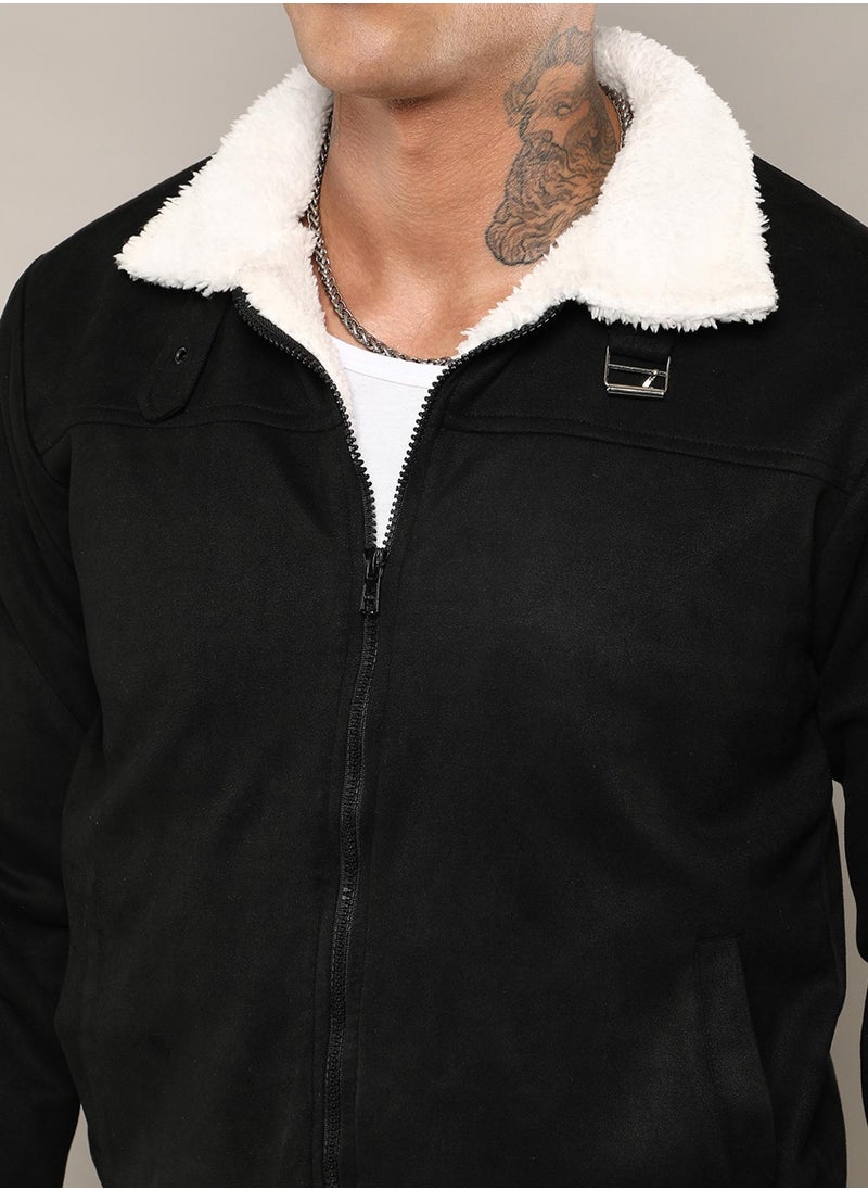 Men's Obsidian Black Fur-Lined Suede Bomber Jacket