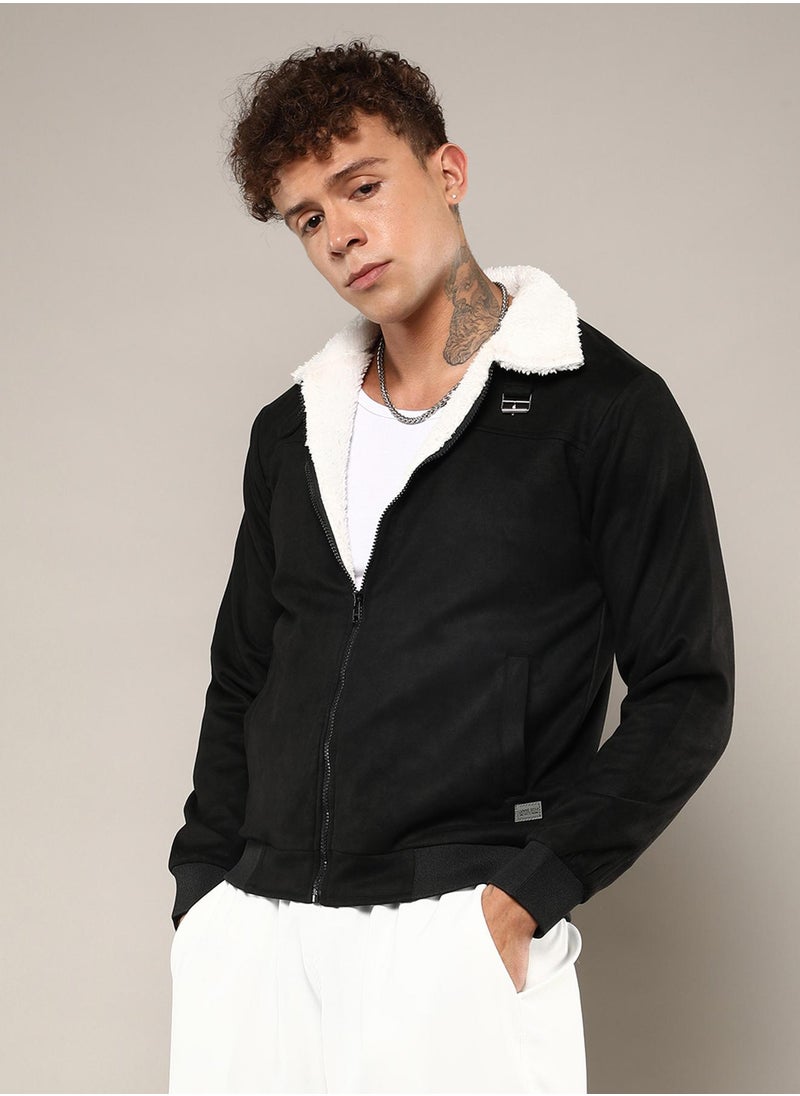 Men's Obsidian Black Fur-Lined Suede Bomber Jacket