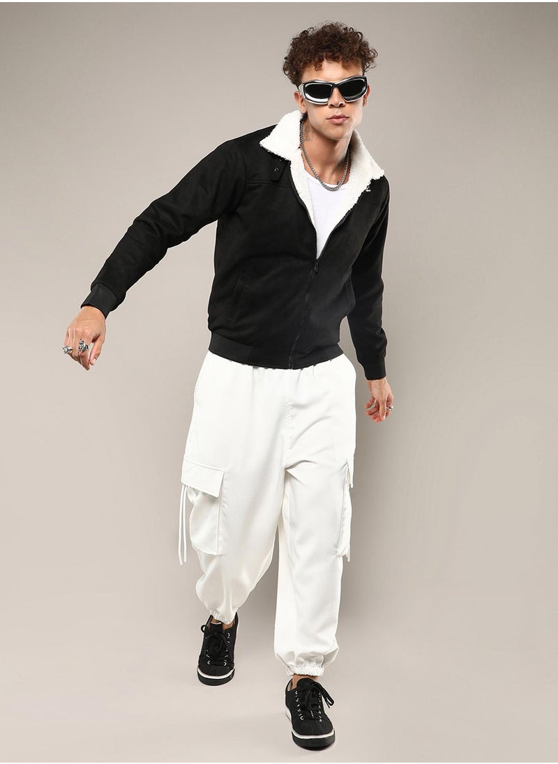 Men's Obsidian Black Fur-Lined Suede Bomber Jacket