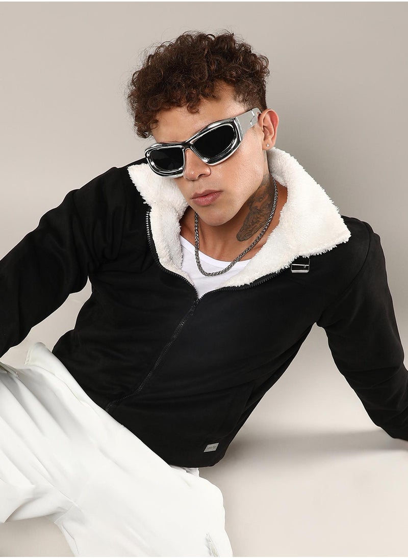 Men's Obsidian Black Fur-Lined Suede Bomber Jacket