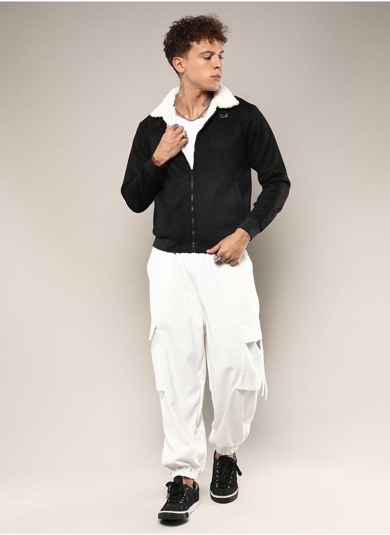 Men's Obsidian Black Fur-Lined Suede Bomber Jacket