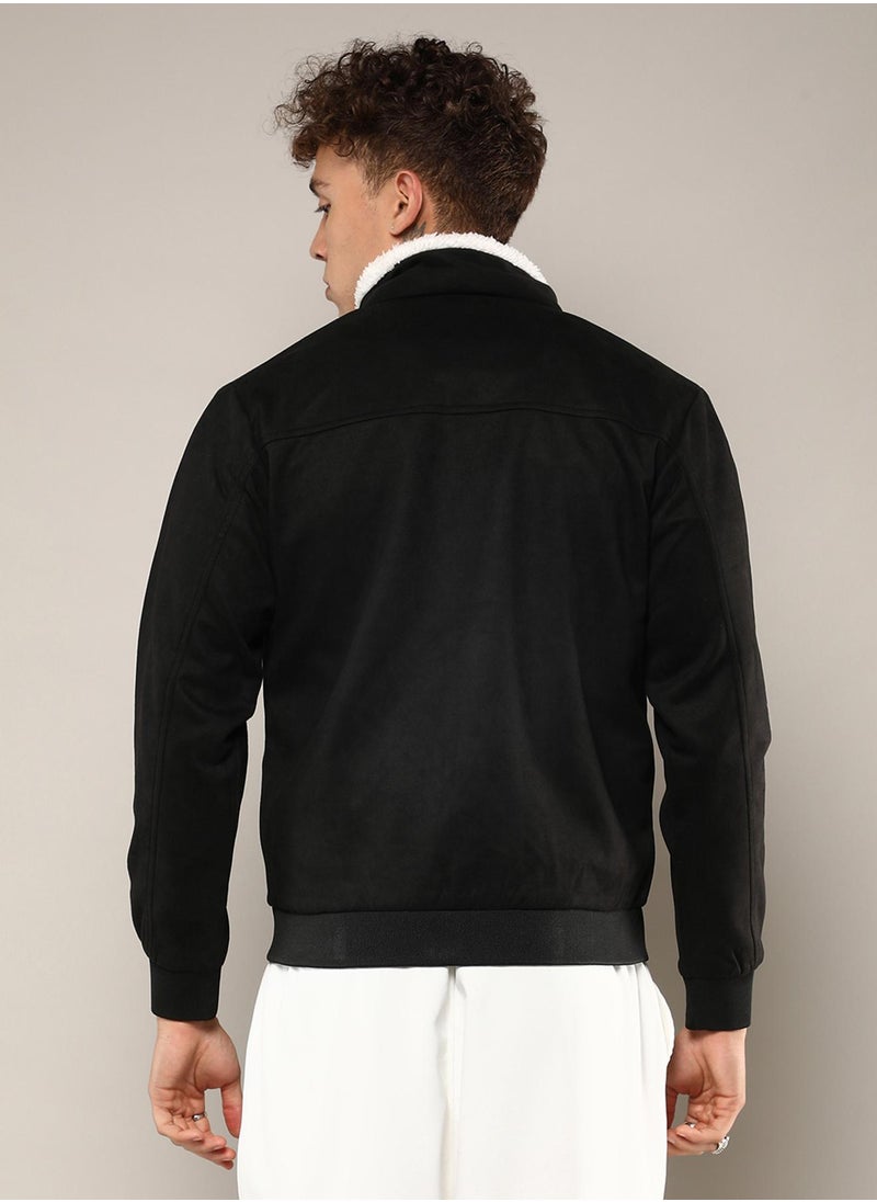 Men's Obsidian Black Fur-Lined Suede Bomber Jacket